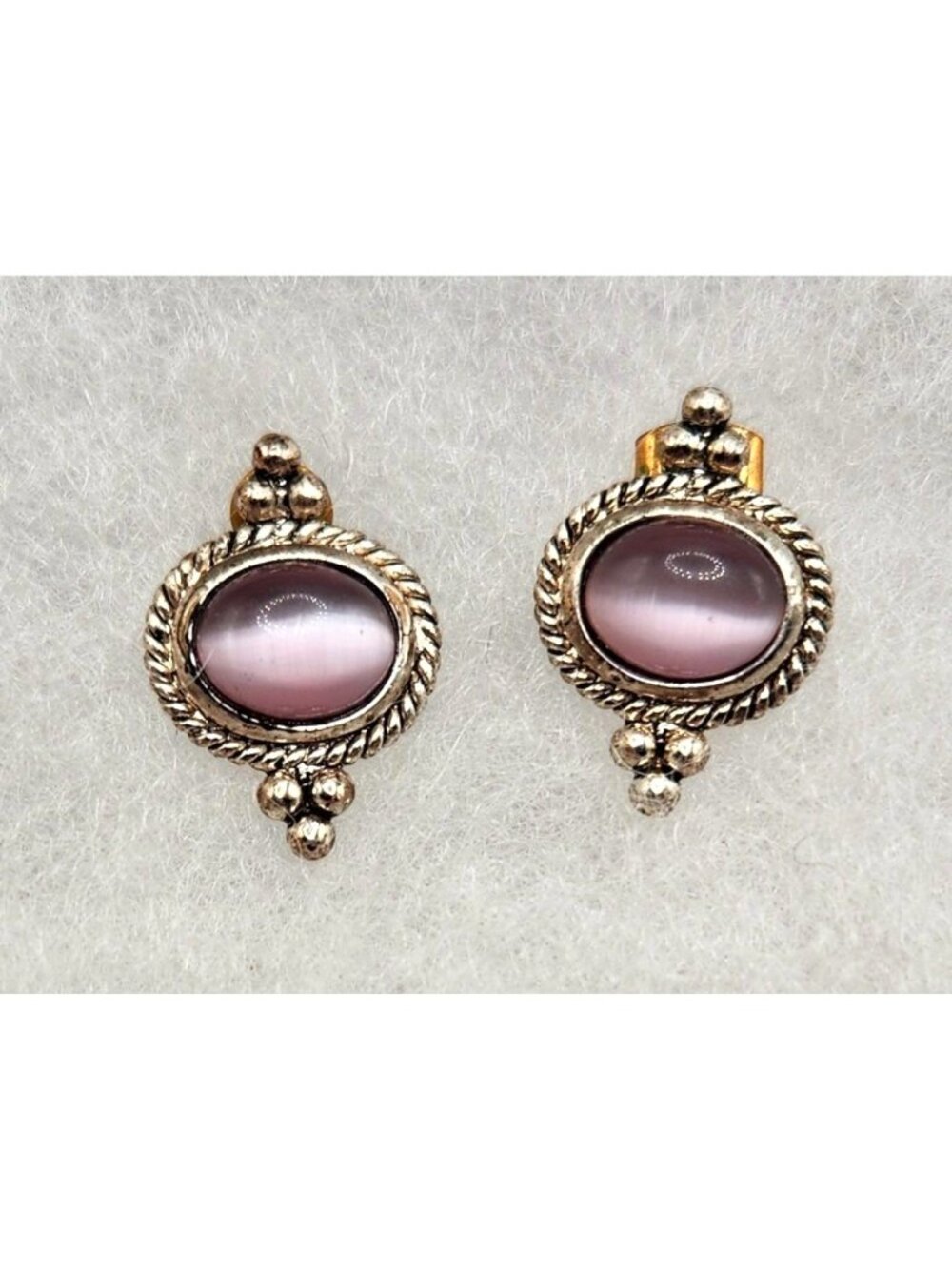 Vintage Silver Tone Earrings With Pink Tiger Eye Design Stone